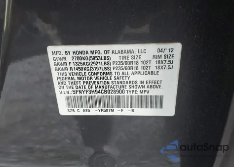 2012 Honda Pilot Touring from USA, damaged, VIN 5FNYF3H94CB028900